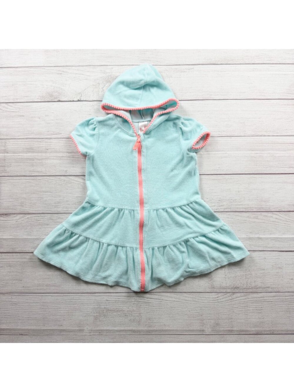 Cat & Jack Girls Aqua Zip Up Peplum Terry Hooded Cover Up Dress Pink Trim 5T
